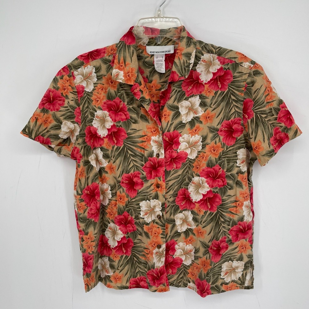 Jones New York Sport Women's Multicolor Tropical Hibiscus Linen Blend Top Size M